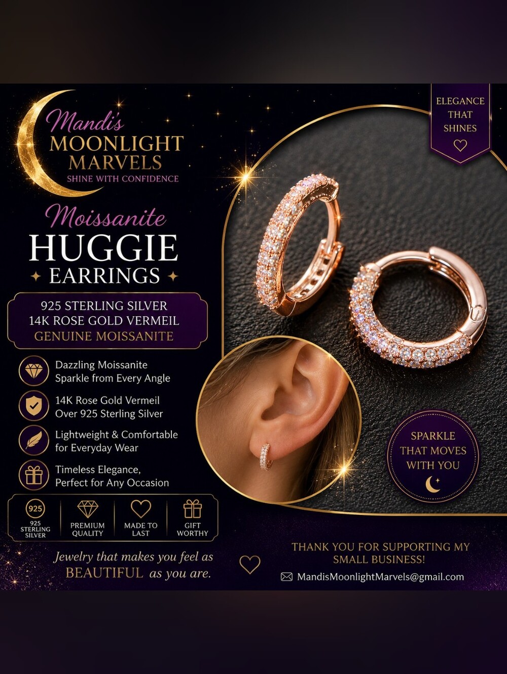 Rose Gold Moissanite Huggie Earrings
